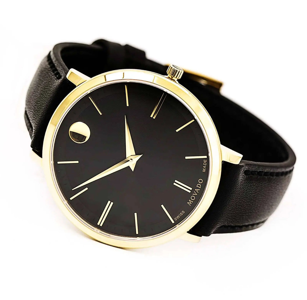 Movado Men's Ultra Slim Black Sunray Dial Leather Strap Watch