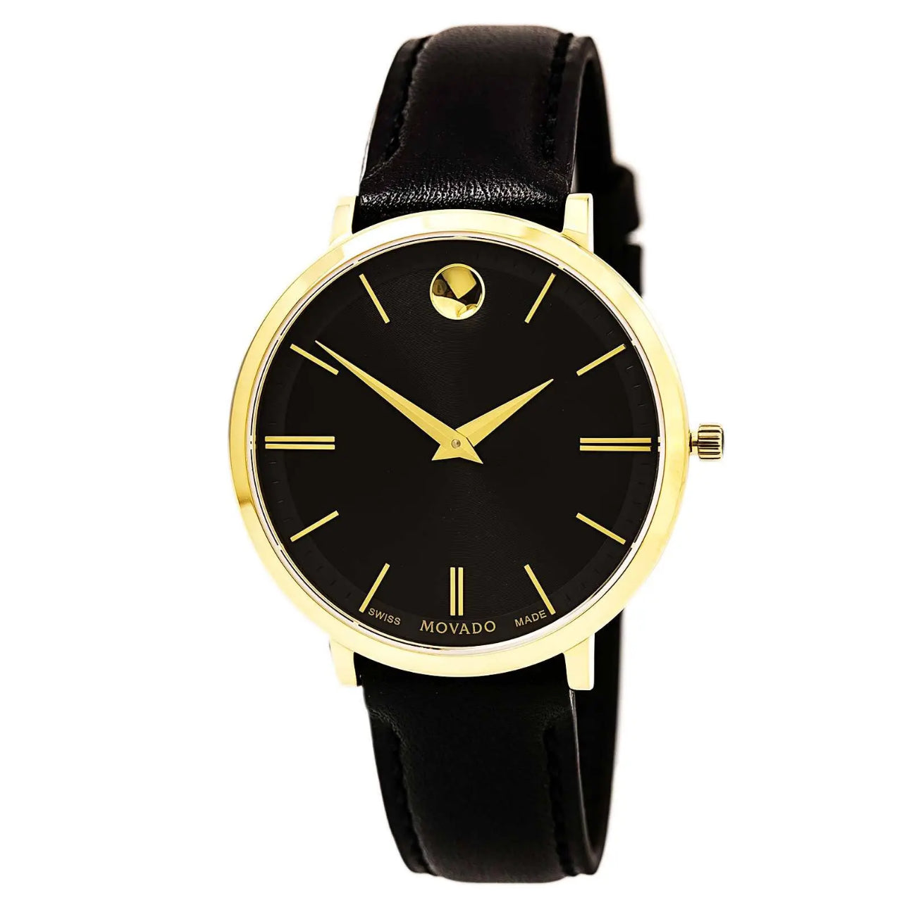 Movado Men's Ultra Slim Black Sunray Dial Leather Strap Watch